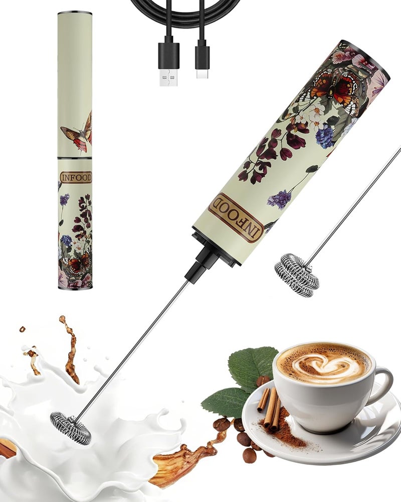 INFOOD Milk Frother Rechargeable with Cover - Coffee Frother Wand, Drink Mixer Handheld with 2 Detachable Stainless Whisks 2 Speed Adjustable for Latte, Cappuccino, Hot Chocolate, Egg, Vintage Floral - Image 1
